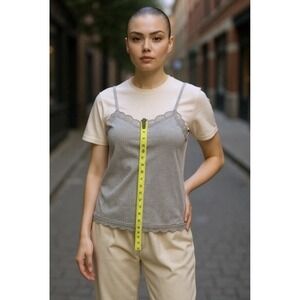 Y2K Pretty Lace Trim Ribbed Cotton Faded Glory Tank Top Large Grey Casual